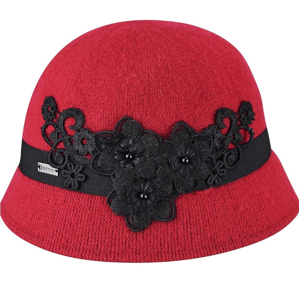 Betmar Red Wool Mindenhall Cloche Hat with Black Floral Trim
